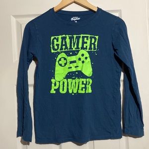 Boy size 14  teal blue long sleeve gamer power